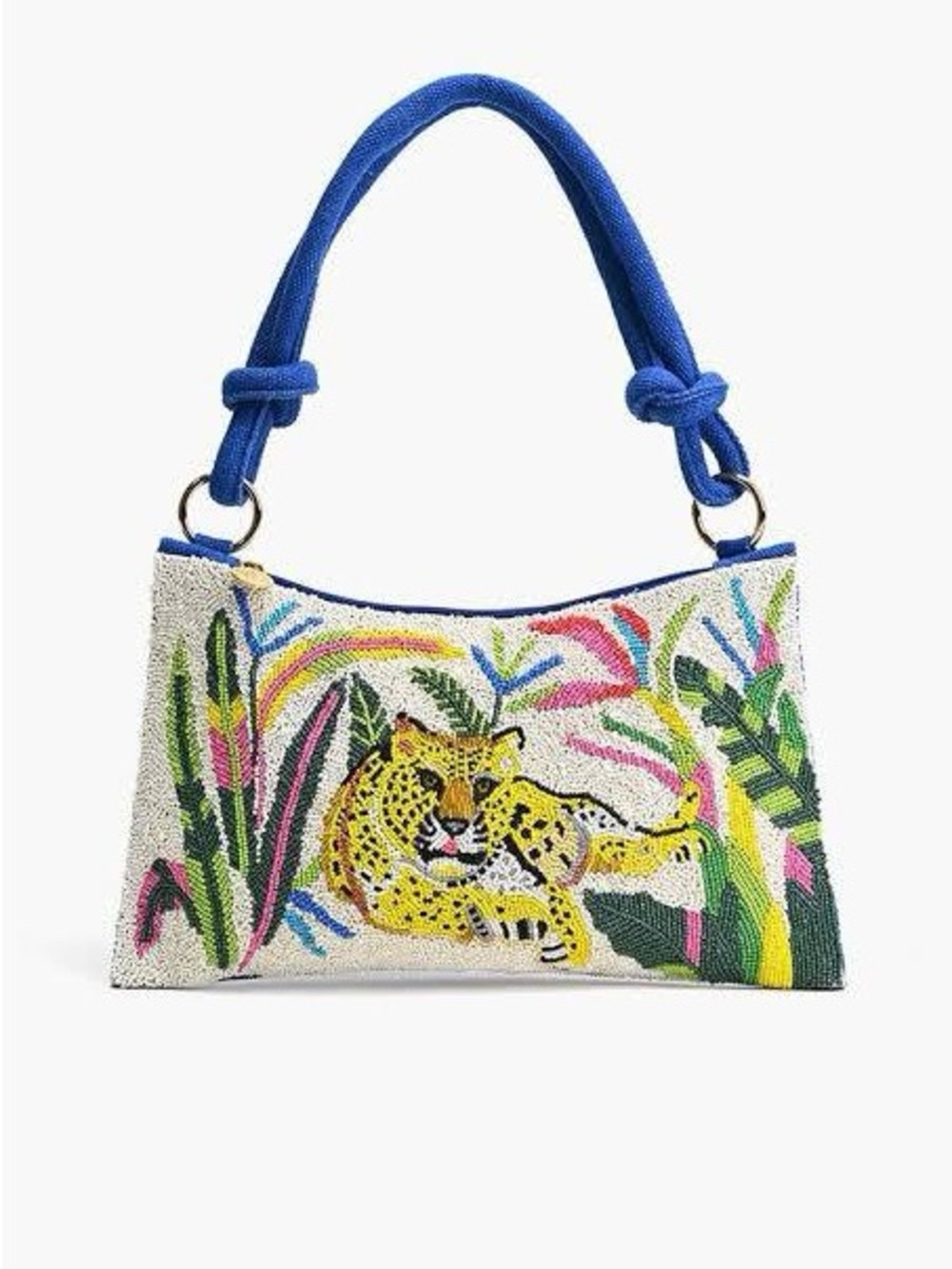 America & Beyond Beaded Jungle Leopard Shoulder Bag Blue Rope Strap